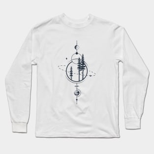 Forest, Airplane And Planets. Geometric, Line Art Style Long Sleeve T-Shirt